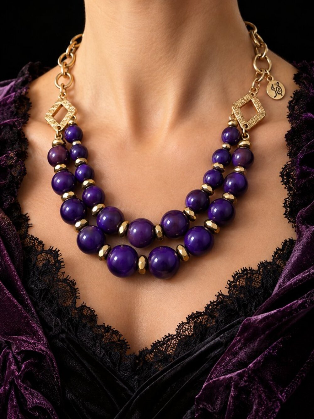 Purple Double Strand Statement Necklace Gold Tone Beaded Chunky Jewelry